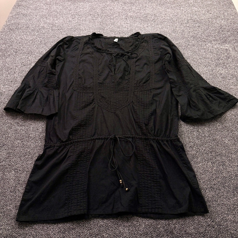ViX Paula Hermanny Peasant Cover Up Sz M Black Lace Pintuck Bell Sleeve Tunic - Picture 12 of 16